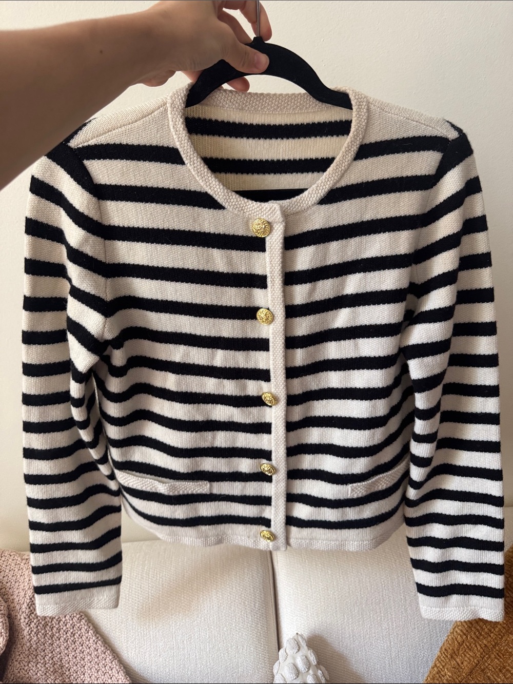 Button-Front Black and Cream Striped Cardigan Sweater